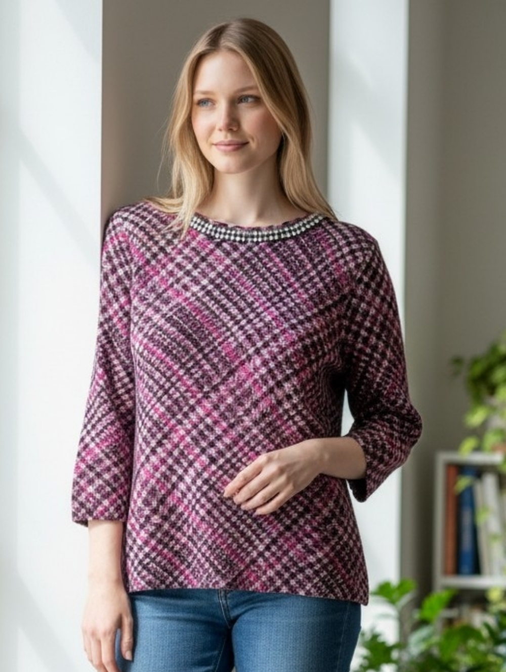 Talbots Cashmere Lightweight Pink and Black Plaid Jeweled Neck Sweater